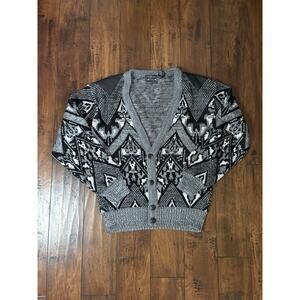 Vintage Willow Bay Cardigan Mens M Gray Leather Shoulders Geometric Grandpa